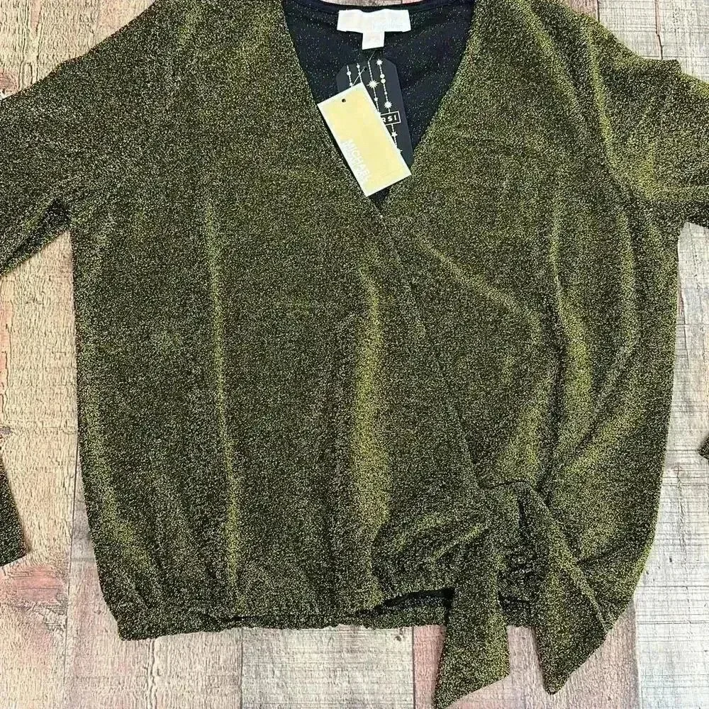 NWT Michael Kors Faux Tie Wrap Black/Gold Blouse
